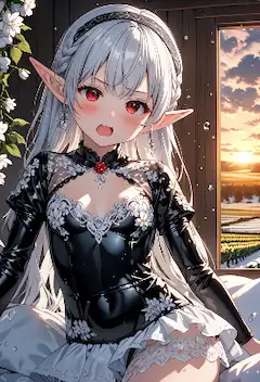 夕暮れの窓辺で微笑むエルフ姫