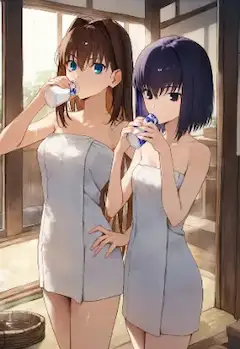 風呂上がりに牛乳を飲む青子と有珠