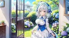 夏の午後、紫陽花の庭に立つ少女