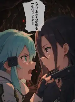 キリトの胸ぐらを掴むシノン