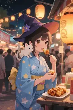 星の浴衣と猫のたこ焼き夜