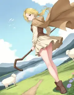 風に舞う湖畔の羊飼い少女