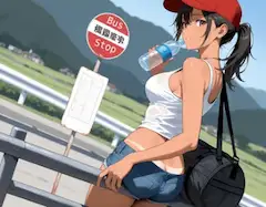 汗に濡れた肌でバスを待つ