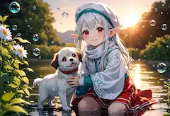 夕陽の川辺で紡ぐエルフと子犬の絆