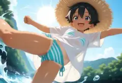 夏の川辺で飛び跳ねる冒険