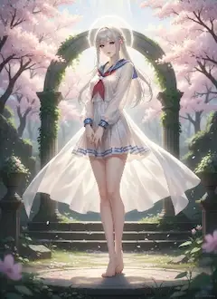 Proud, delicate saint only in a eternally diaphanous gossamer japanese sailor suit uniform