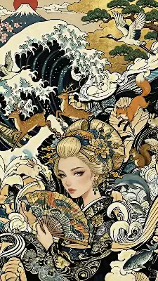 波と富士と動物たちの幻想絵巻／スマホ壁紙アーカイブ