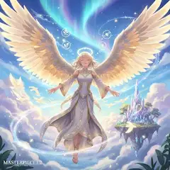 オーロラの空に舞う光翼の天使
