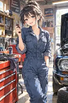 笑顔でエンジンを直す女の子。