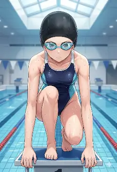3人の競泳水着の女の子　クラウチングスタート