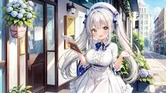 青空の下で微笑む銀髪メイド