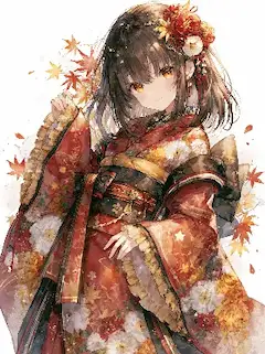紅葉舞う秋の着物少女。