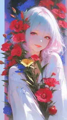 女性と誕生花(8月7日ザクロ,赤いサルビア,カルミア,etc.)