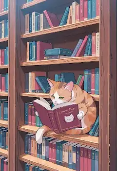 本棚の上で夢中になる猫の読書時間