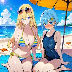 輝く砂浜の夏の二人