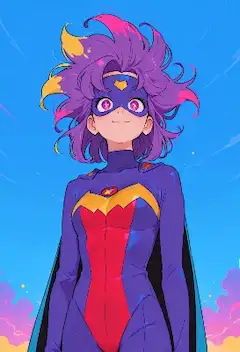 空を駆ける紫髪の笑顔ヒロイン