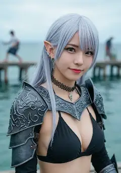 海辺に佇む銀髪のエルフ戦士