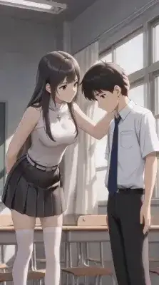放課後の教室で反省している男子生徒と慰める教師
