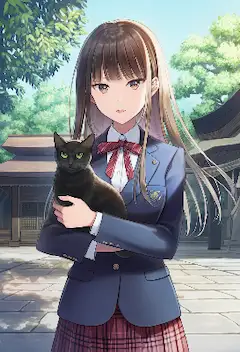 黒猫と少女の神社での出会い