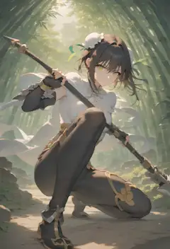 竹林で槍を構えているFGOの秦良玉