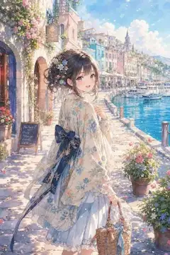 花飾りの少女と輝く港の午後。
