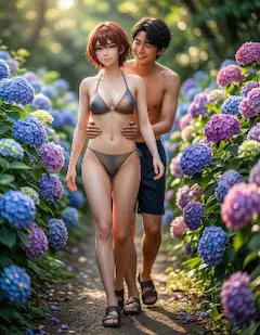 紫陽花の小道で微笑む二人