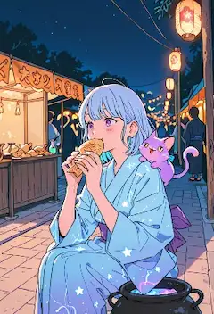 星の浴衣と魔法の猫が彩る夏祭り