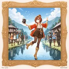 水辺でカメラポーズの元気娘　街並み