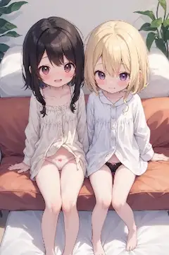 少女二人が並んで座ってパンツを見せてくれる
