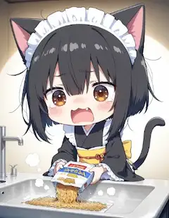 カップ焼きそばだだ漏れニャ～(TOT)