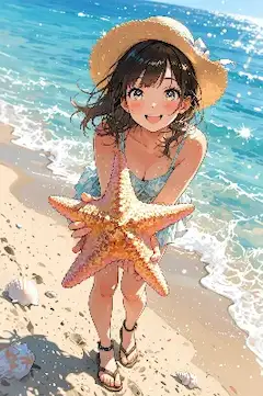 夏のビーチで星の贈り物を見つけた少女