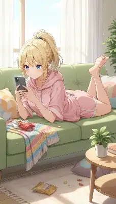 スマホに夢中な午後のくつろぎ