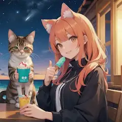猫耳少女と猫の星空デザートタイム