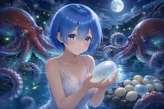 月夜の海で光るタコの卵