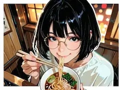 眼鏡少女の小さな温かいラーメン