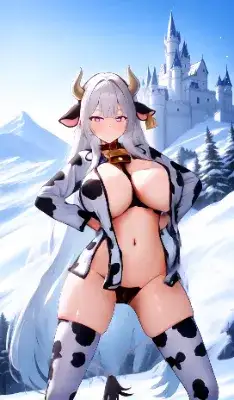 雪山の城を背に踊る牛柄さん