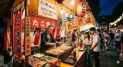 夏祭りのたこ焼き屋台の夜
