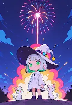 夏の夜空で花火を見る魔女と猫たち