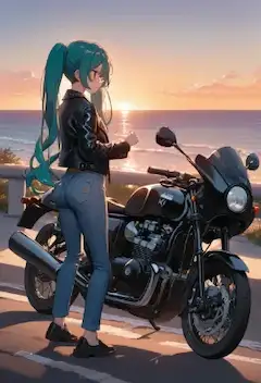 夕焼けの海とバイクとミク