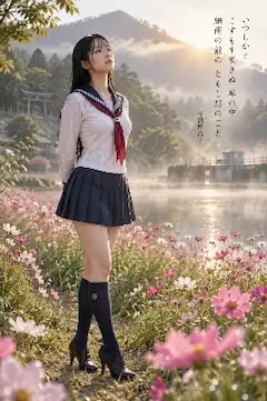 いつしかと こすもす咲きぬ 草の中 細雨の前の ともし灯のごと