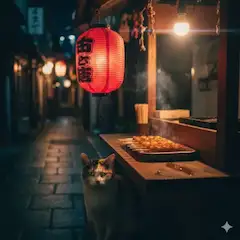 深夜の屋台に忍び寄る猫の誘惑