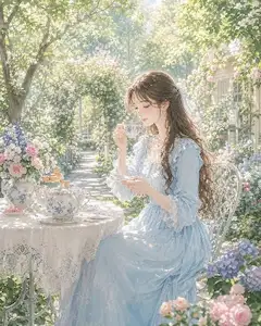 庭園の午後、紅茶を飲む女性