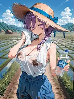 田んぼに立つ麦わら帽子の少女