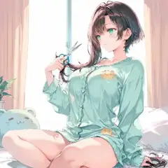 朝の光に髪を切る少女