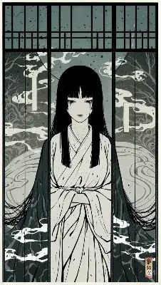 霧の窓辺に佇む幽霊の少女