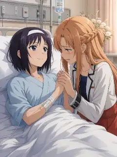 病室でエイズと闘っている木綿季の手を握りしめる明日奈