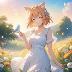 花畑で小鳥と出会う猫耳少女