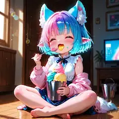 2枚）バケツアイスを食べるケモ耳エルフさん