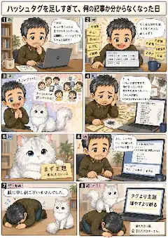 猫漫画コンテンツ6シリーズ  猫漫画6シリーズを投稿しています。  サイベリアンのクィーン 静かな圧で、今日もおっさんを整える  ちびキャラ ベビークイーン グリーンは食べ物…じゃなかった！？  クイ猫が教えた、ハッシュタグより主題の大切さ