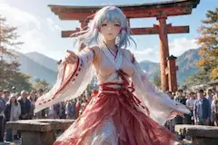 朝露に濡れる巫女